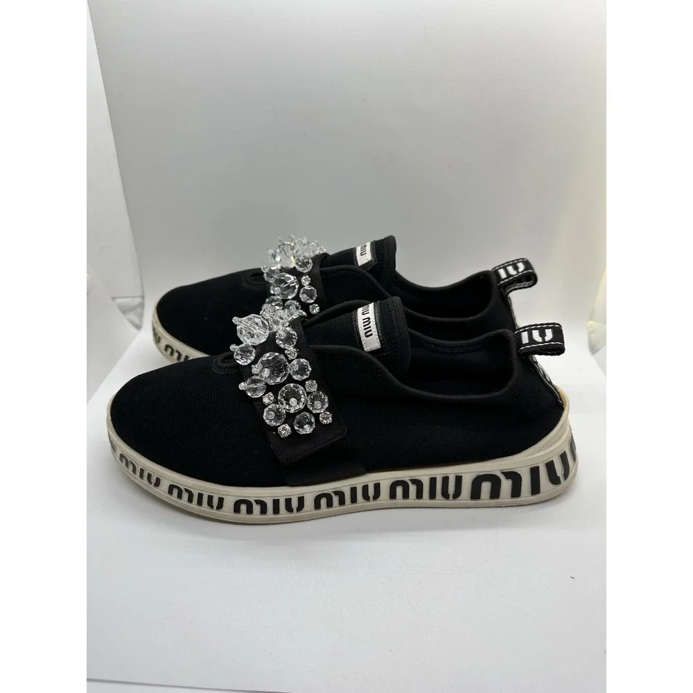 Miu Miu Black Fabric and‎ Satin Crystal Embellished Slip On Sneakers Size 40